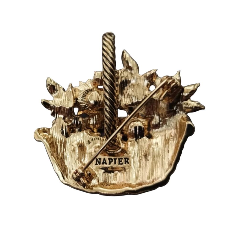 NAPIER Floral Basket Brooch Enamel Rhinestone Flower Pin on Card Fall Gold Tone - Picture 3 of 5